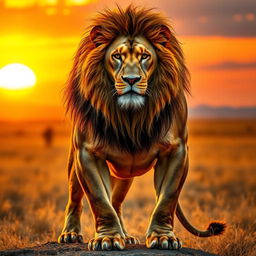 A powerful and majestic muscular lion standing proudly against a backdrop of a golden savanna at sunset