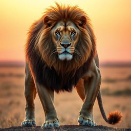 A powerful and majestic muscular lion standing proudly against a backdrop of a golden savanna at sunset