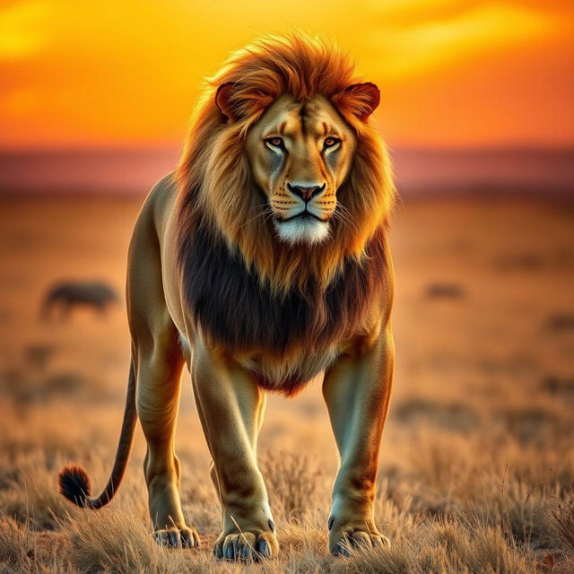 A powerful and majestic muscular lion standing proudly against a backdrop of a golden savanna at sunset