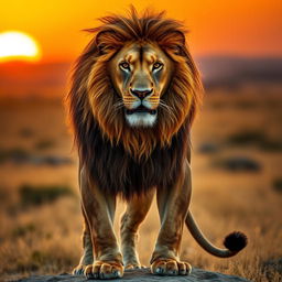 A powerful and majestic muscular lion standing proudly against a backdrop of a golden savanna at sunset