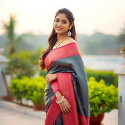 A stylish woman in a beautiful saree, showcasing her grace and elegance