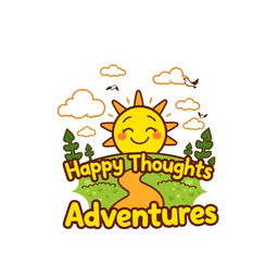 A cheerful and inviting logo for 'Happy Thoughts Adventures', featuring a bright sun icon radiating warmth and positivity