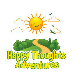 A cheerful and inviting logo for 'Happy Thoughts Adventures', featuring a bright sun icon radiating warmth and positivity