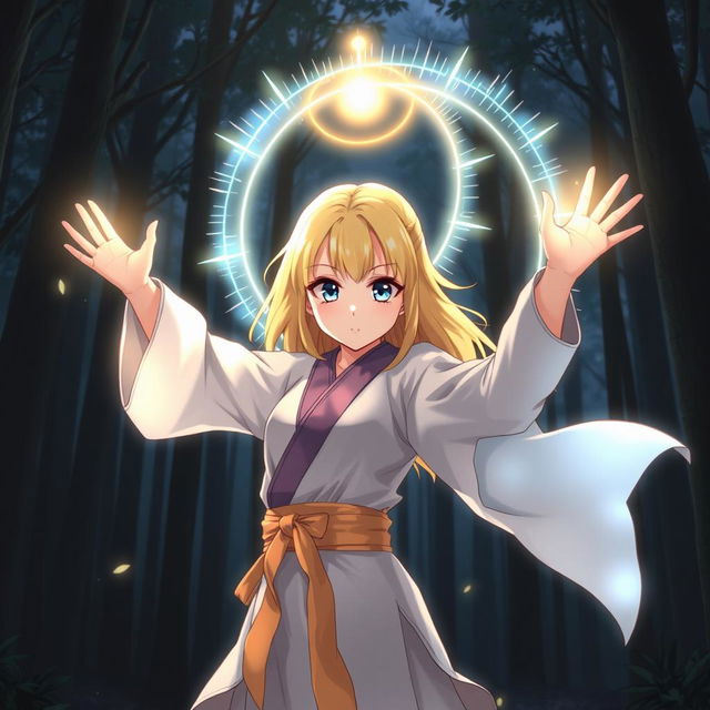 An anime girl with blonde hair and blue eyes wearing a traditional Silat martial arts outfit