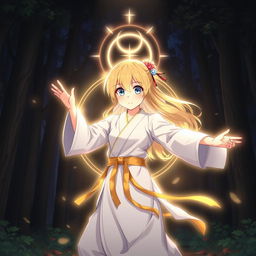 An anime girl with blonde hair and blue eyes wearing a traditional Silat martial arts outfit