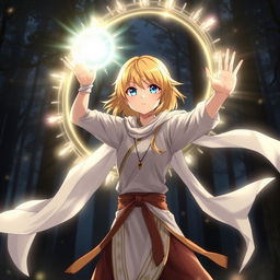 An anime girl with blonde hair and blue eyes wearing a traditional Silat martial arts outfit
