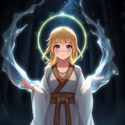 An anime girl with blonde hair and blue eyes, wearing a beautiful necklace, dressed in traditional Silat martial arts attire