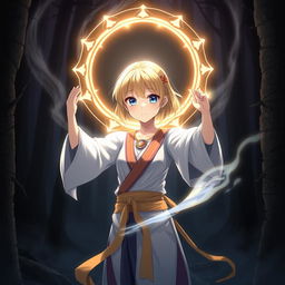 An anime girl with blonde hair and blue eyes, wearing a beautiful necklace, dressed in traditional Silat martial arts attire