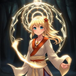 An anime girl with blonde hair and blue eyes, wearing a beautiful necklace, dressed in traditional Silat martial arts attire