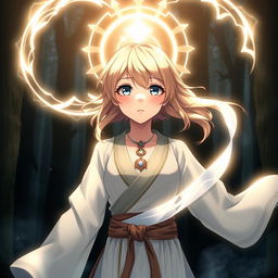An anime girl with blonde hair and blue eyes, wearing a beautiful necklace, dressed in traditional Silat martial arts attire