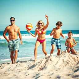 A vibrant and playful scene at the beach featuring a stylish and attractive family enjoying their summer day