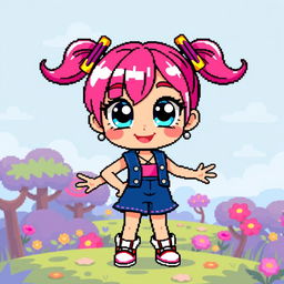 A pixel art character of a girl with vibrant colors, wearing a cute, stylish outfit