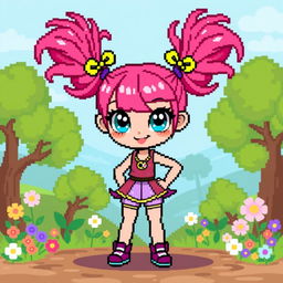 A pixel art character of a girl with vibrant colors, wearing a cute, stylish outfit