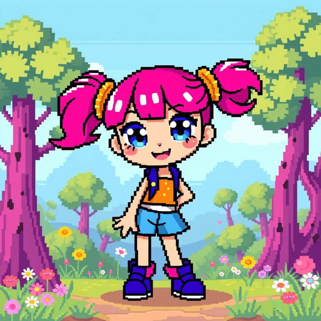 A pixel art character of a girl with vibrant colors, wearing a cute, stylish outfit