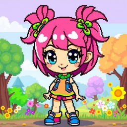 A pixel art character of a girl with vibrant colors, wearing a cute, stylish outfit