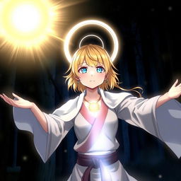 An anime girl with blonde hair and blue eyes, wearing a glowing pendant necklace and traditional Silat martial arts attire