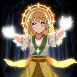 An anime girl with blonde hair and blue eyes, wearing a glowing pendant necklace and traditional Silat martial arts attire