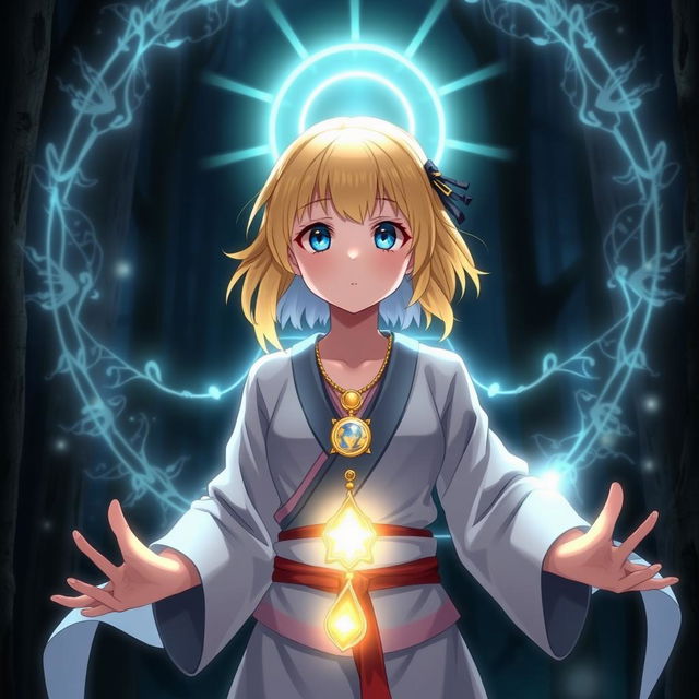 An anime girl with blonde hair and blue eyes, wearing a glowing pendant necklace and traditional Silat martial arts attire