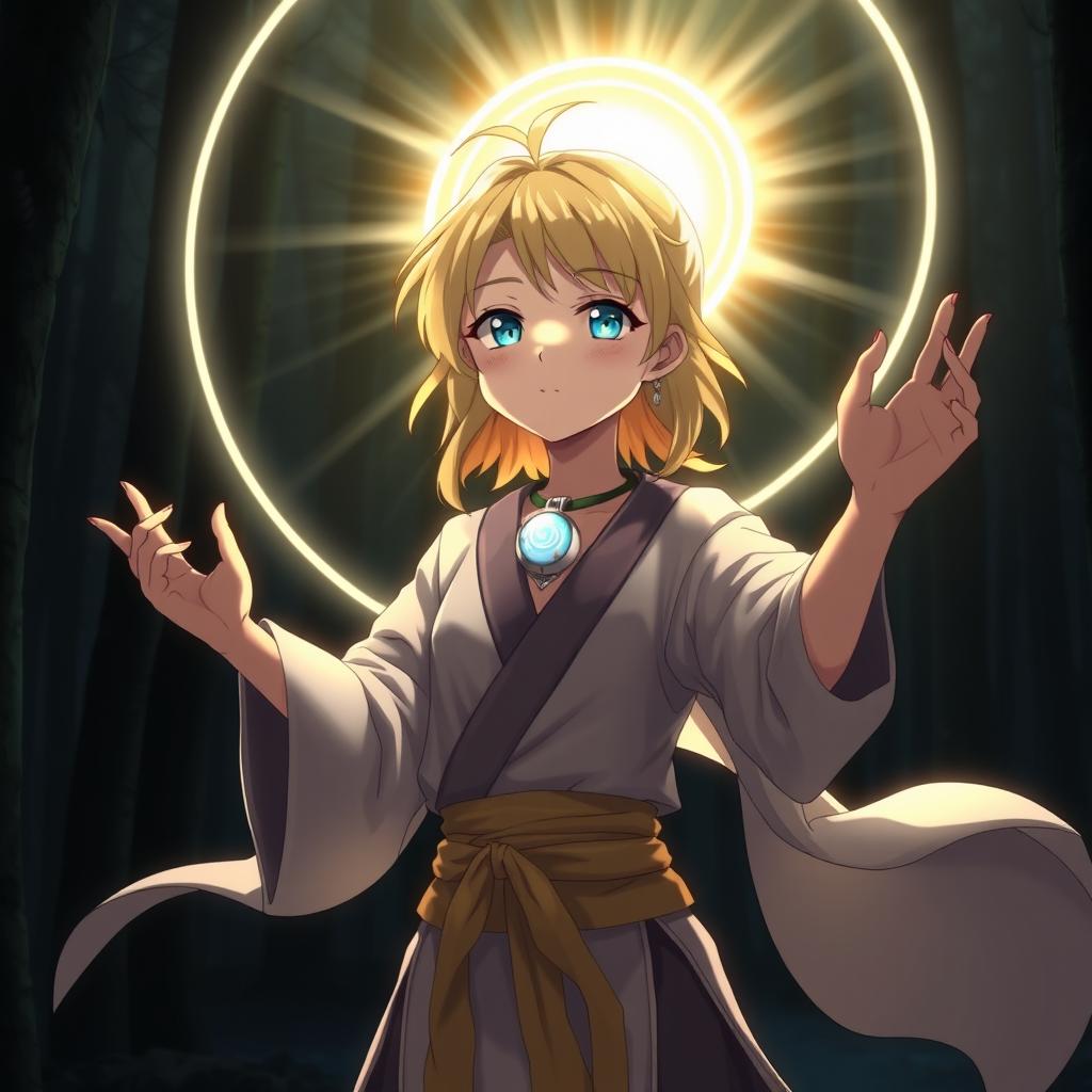 An anime girl with blonde hair and blue eyes, wearing a glowing pendant necklace and traditional Silat martial arts attire