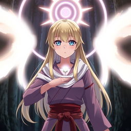 Anime girl with long blonde hair and blue eyes, wearing a small glowing necklace and dressed in Silat martial arts attire