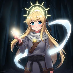 Anime girl with long blonde hair and blue eyes, wearing a small glowing necklace and dressed in Silat martial arts attire