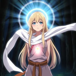 Anime girl with long blonde hair and blue eyes, wearing a small glowing necklace and dressed in Silat martial arts attire