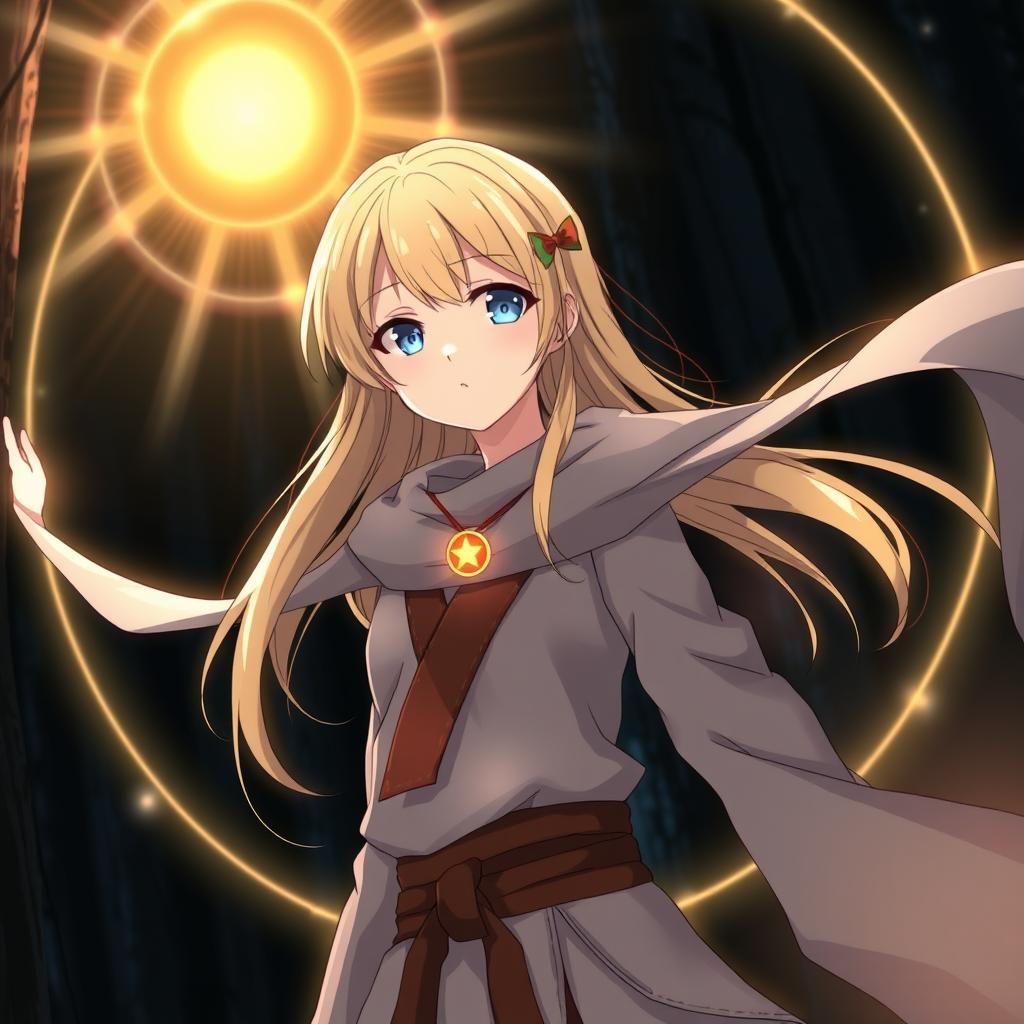 Anime girl with long blonde hair and blue eyes, wearing a small glowing necklace and dressed in Silat martial arts attire