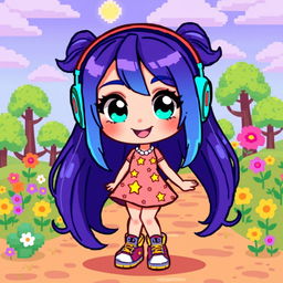 A cute pixel art girl character, featuring vibrant colors and a cheerful expression