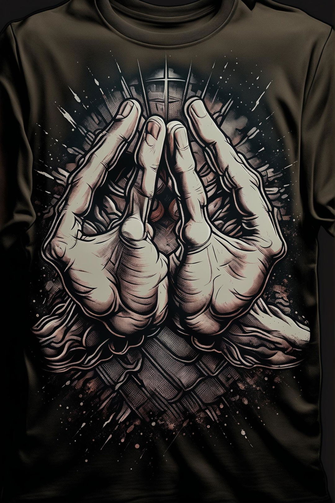 A high-quality graphic tee design featuring a modern interpretation of the Christian symbol of prayer hands