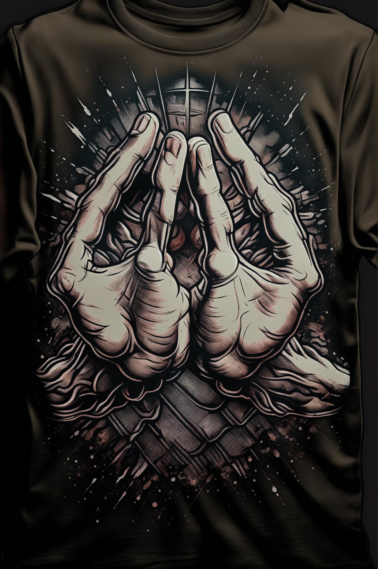 A high-quality graphic tee design featuring a modern interpretation of the Christian symbol of prayer hands