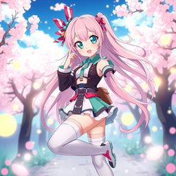 An anime girl with long, flowing pastel pink hair, large expressive teal eyes, wearing a stylish and colorful outfit with a mix of modern and fantasy elements, featuring a short skirt and thigh-high socks