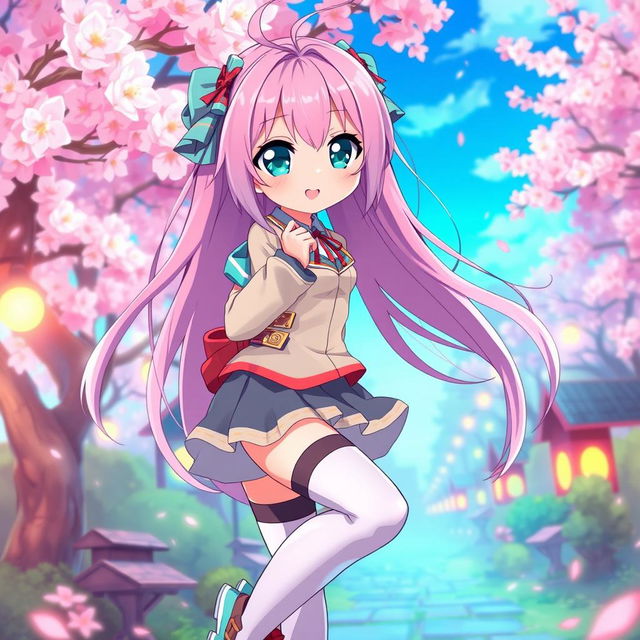 An anime girl with long, flowing pastel pink hair, large expressive teal eyes, wearing a stylish and colorful outfit with a mix of modern and fantasy elements, featuring a short skirt and thigh-high socks