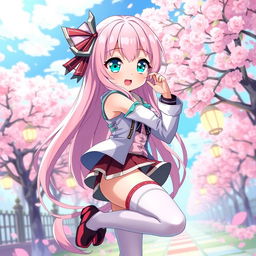 An anime girl with long, flowing pastel pink hair, large expressive teal eyes, wearing a stylish and colorful outfit with a mix of modern and fantasy elements, featuring a short skirt and thigh-high socks