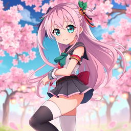 An anime girl with long, flowing pastel pink hair, large expressive teal eyes, wearing a stylish and colorful outfit with a mix of modern and fantasy elements, featuring a short skirt and thigh-high socks