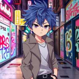 An anime boy with messy blue hair and sharp violet eyes, wearing a sleek and modern outfit that includes a fitted jacket and stylish sneakers