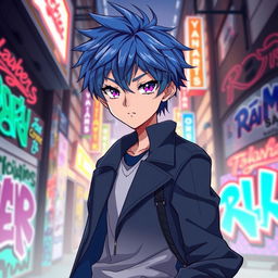 An anime boy with messy blue hair and sharp violet eyes, wearing a sleek and modern outfit that includes a fitted jacket and stylish sneakers