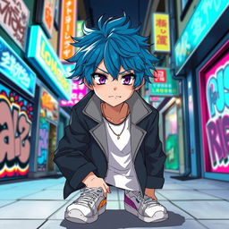 An anime boy with messy blue hair and sharp violet eyes, wearing a sleek and modern outfit that includes a fitted jacket and stylish sneakers