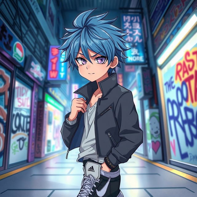 An anime boy with messy blue hair and sharp violet eyes, wearing a sleek and modern outfit that includes a fitted jacket and stylish sneakers