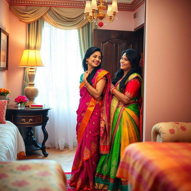 A tasteful and artistic scene of two Indian sisters in a private moment, preparing for a special occasion