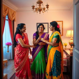 A tasteful and artistic scene of two Indian sisters in a private moment, preparing for a special occasion