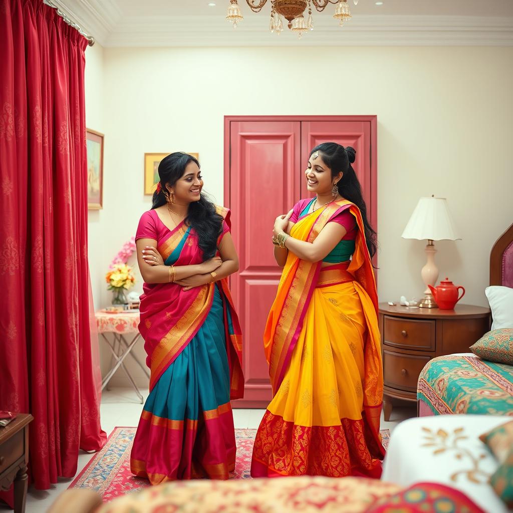 A tasteful and artistic scene of two Indian sisters in a private moment, preparing for a special occasion