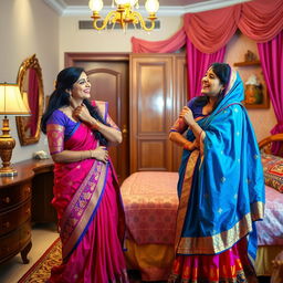 A tasteful and artistic scene of two Indian sisters in a private moment, preparing for a special occasion