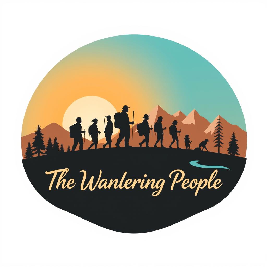 An artistic and evocative logo for 'The Wandering People', featuring a stylized silhouette of a group of diverse travelers set against the backdrop of a rising sun or a scenic landscape