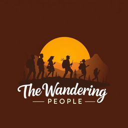 An artistic and evocative logo for 'The Wandering People', featuring a stylized silhouette of a group of diverse travelers set against the backdrop of a rising sun or a scenic landscape