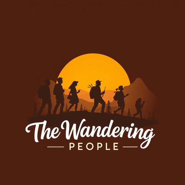 An artistic and evocative logo for 'The Wandering People', featuring a stylized silhouette of a group of diverse travelers set against the backdrop of a rising sun or a scenic landscape