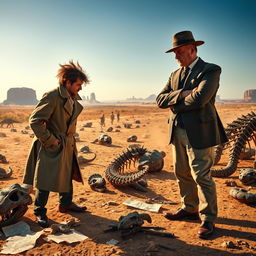 In a dramatic scene depicting the late 19th century, two paleontologists, Edward Cope and Othniel Marsh, are engaged in a fierce rivalry in a dusty, sunlit American landscape filled with dinosaur fossils