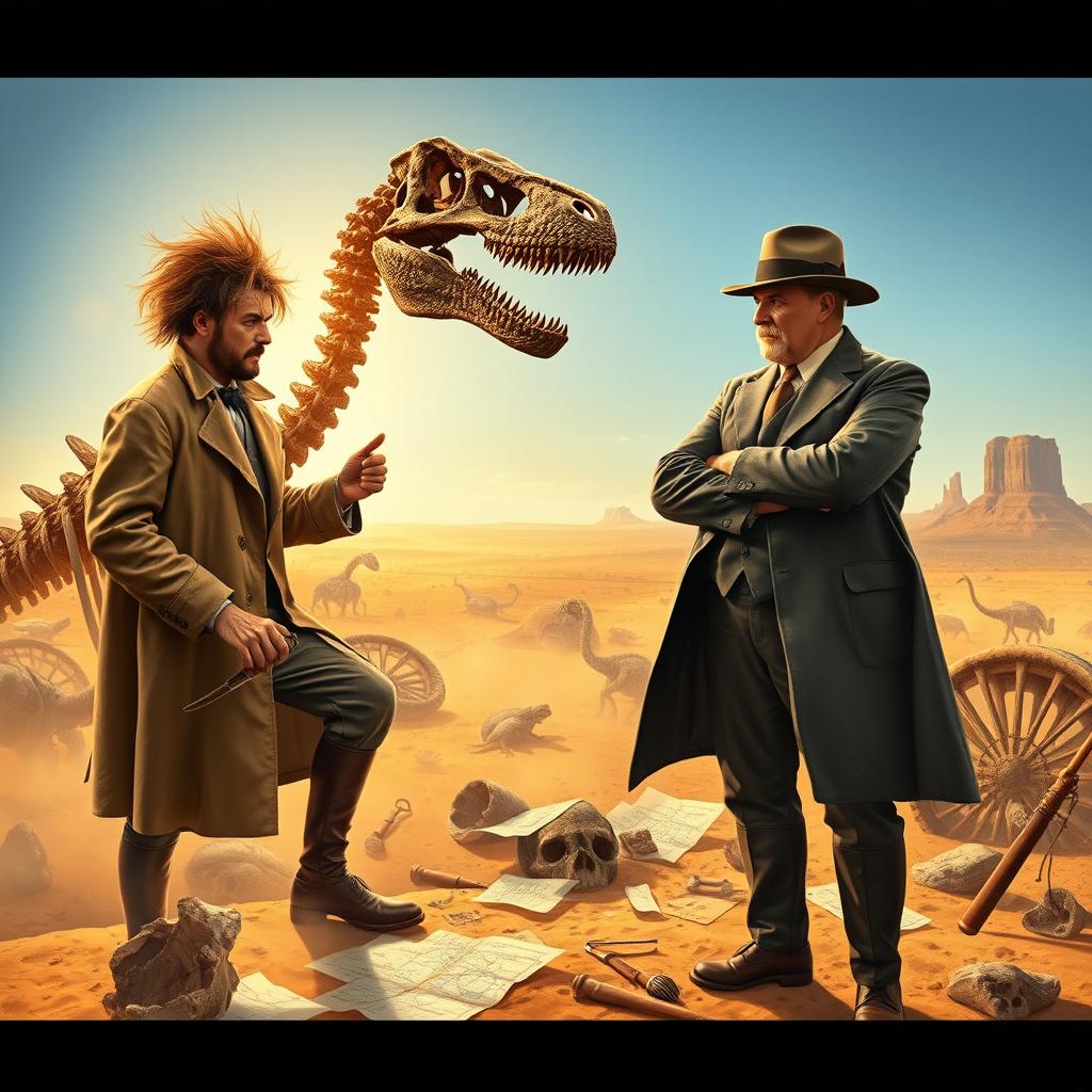 In a dramatic scene depicting the late 19th century, two paleontologists, Edward Cope and Othniel Marsh, are engaged in a fierce rivalry in a dusty, sunlit American landscape filled with dinosaur fossils