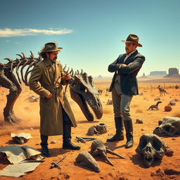 In a dramatic scene depicting the late 19th century, two paleontologists, Edward Cope and Othniel Marsh, are engaged in a fierce rivalry in a dusty, sunlit American landscape filled with dinosaur fossils