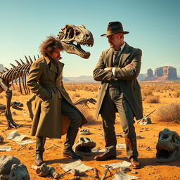 In a dramatic scene depicting the late 19th century, two paleontologists, Edward Cope and Othniel Marsh, are engaged in a fierce rivalry in a dusty, sunlit American landscape filled with dinosaur fossils