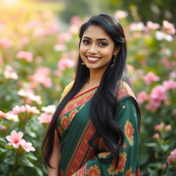 A beautiful South Asian woman with a radiant smile, dressed in a traditional Bangladeshi saree with intricate patterns in red and gold